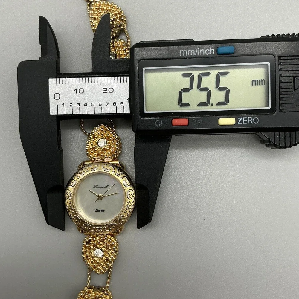 Vintage Lucoral Womens Watch 26mm White Dial Gold Tone Crystals Bracelet 7.75